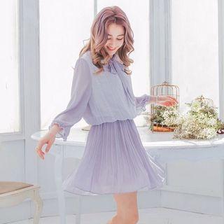 Tie-neck Embroidered Pleated Dress