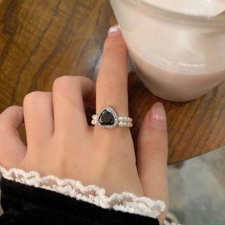 Heart Rhinestone Faux Pearl Ring 1 Pc - Black - One Size