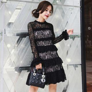 Long-sleeve Ruffle Trim A-line Lace Dress