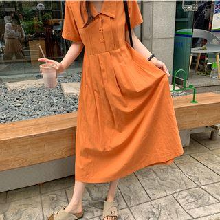 Collared Short-sleeve Midi A-line Dress Tangerine - One Size