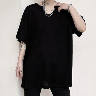 Faux Pearl Detail Oversized Short Sleeve Top