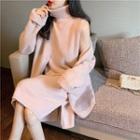 Plain Long-sleeve Cardigan / Turtleneck Sleeveless Knit Dress