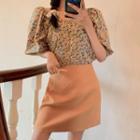 Flower Print Puff-sleeve Blouse / Mini A-line Skirt