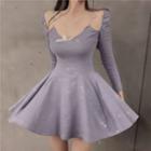 Long-sleeve Mini A-line Dress Blue - One Size