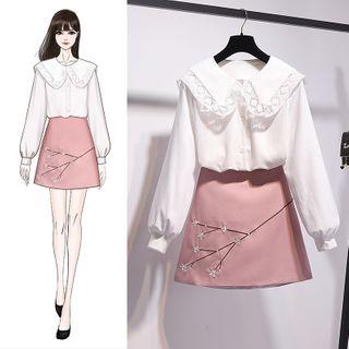 Crochet Collar Balloon-sleeve Blouse / Floral Embroidered Mini A-line Skirt / Set