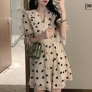 Short-sleeve Heart Patterned Frill Trim A-line Mini Chiffon Dress