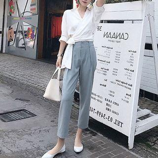Set: Tie-waist V-neck Blouse + Cropped Dress Pants