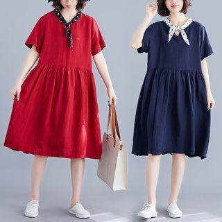 Bow Neck Short-sleeve Midi A-line Dress