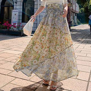 Floral Print Chiffon A-line Maxi Skirt