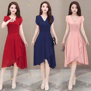 Asymmetric Short-sleeve Ruffled Midi Chiffon Dress