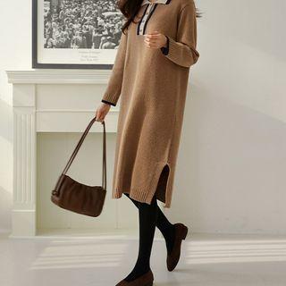 Contrast-collar Woolen Midi Dress