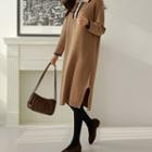 Contrast-collar Woolen Midi Dress