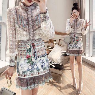 Set: Long-sleeve Lace Blouse + Mini Mermaid Skirt