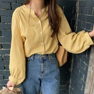 Puff-sleeve Plaid Blouse Plaid - Yellow - One Size