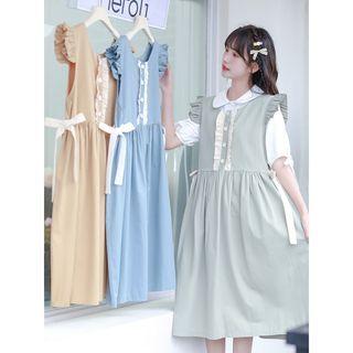 Short-sleeve Blouse / Frill Trim Midi Overall Dress