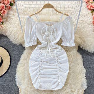 Plain Cold Shoulder Drawstring Sheath Dress