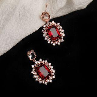 Faux Crystal Dangle Earring 1 Pair - S925 Silver Steel - Red Rhinestone - Silver - One Size