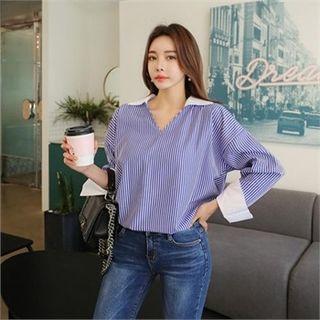 Contrast-collar Open-placket Stripe Blouse
