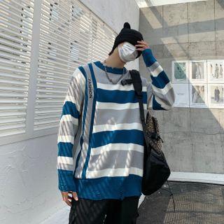 Couple Matching Color Block Distressed Sweater