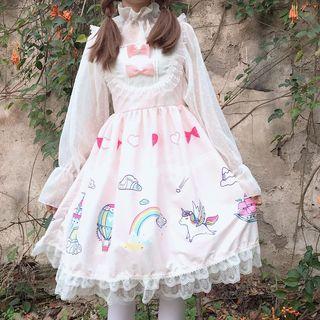 Long-sleeve Unicorn Print A-line Dress