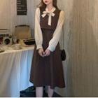 Long-sleeve Mock Two-piece Tie-neck Midi Dress