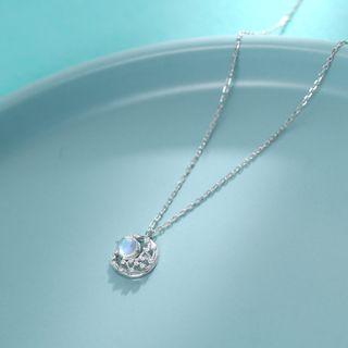 925 Sterling Silver Rhinestone Crescent Necklace Moon - Silver & Light Blue - One Size