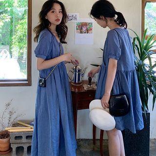 Short-sleeve Linen A-line Dress / Midi Dress