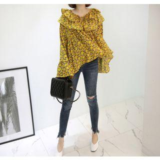 Tie-neck Frilled Floral Top