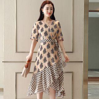 V-neck Asymmetric Hem Short-sleeve Dress