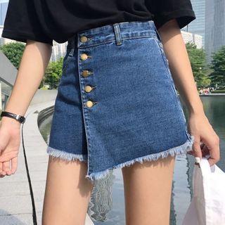 High-waist Button Denim Mini A-line Skort