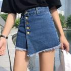 High-waist Button Denim Mini A-line Skort