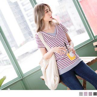 Mock Two Piece V-neck Striped T-shirt