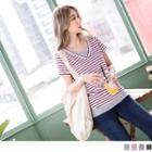Mock Two Piece V-neck Striped T-shirt