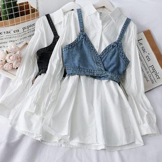 Set: Long Shirt + Cropepd Denim Vest