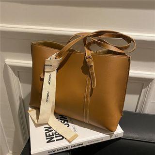 Faux Leather Lettering Bow Tote Bag