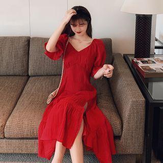 Short-sleeve Side-slit Midi A-line Dress Red - One Size