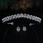 Set: Rhinestone Wedding Tiara + Earring Tiara & 1 Pair Earrings - Silver - One Size
