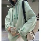 Heart Embroidered Hooded Sweatshirt Green - One Size