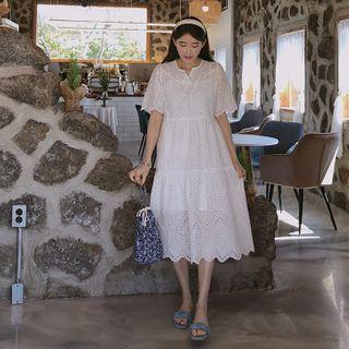 Set: Eyelet-lace Tiered Dress + Sleeveless Dress Ivory - One Size