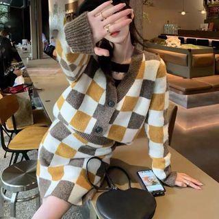 Set: Checkerboard Cardigan + Mini Pencil Skirt