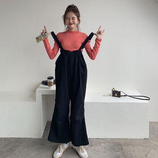 Plain Cut-out Long-sleeve T-shirt / Cropped Wide-leg Suspender Pants