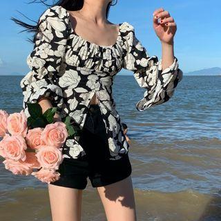 Puff Sleeve Floral Print Slit Blouse Floral - One Size