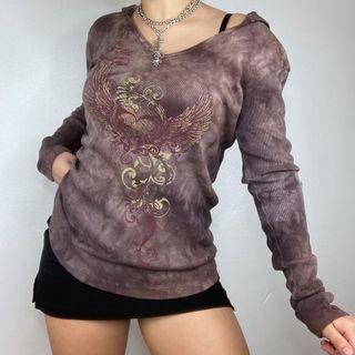 Long Sleeve Heart & Wing Printed V-neck Hooded Top