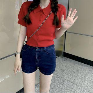 Short-sleeve Button-up Knit Top Red - One Size