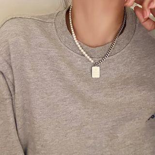 Pendant Faux Pearl Chain Necklace Silver - One Size