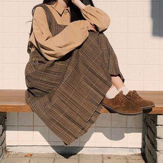 Set: Plaid Midi Jumper Dress + Plain Shirt