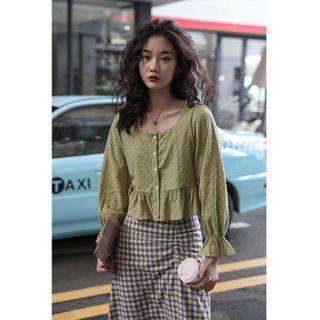 Button Bell-sleeve Peplum Blouse