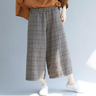 Plaid Cropped Wide Leg Pants Coffee - One Size