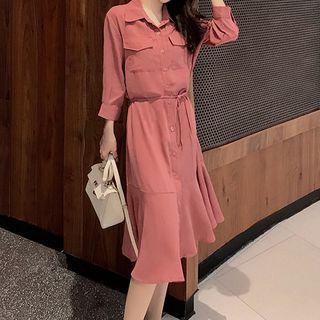 3/4-sleeve Sashed Midi A-line Shirt Dress