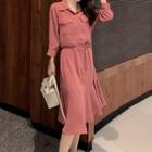 3/4-sleeve Sashed Midi A-line Shirt Dress